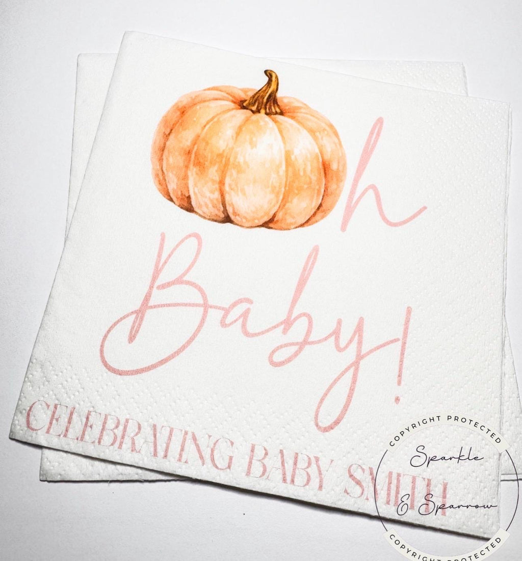 Oh Baby Pumpkin Napkins Fall Baby Shower Napkins Girl Pink Pumpkin Baby Shower Fall Girl Baby Shower Personalized Napkins, Set of 25