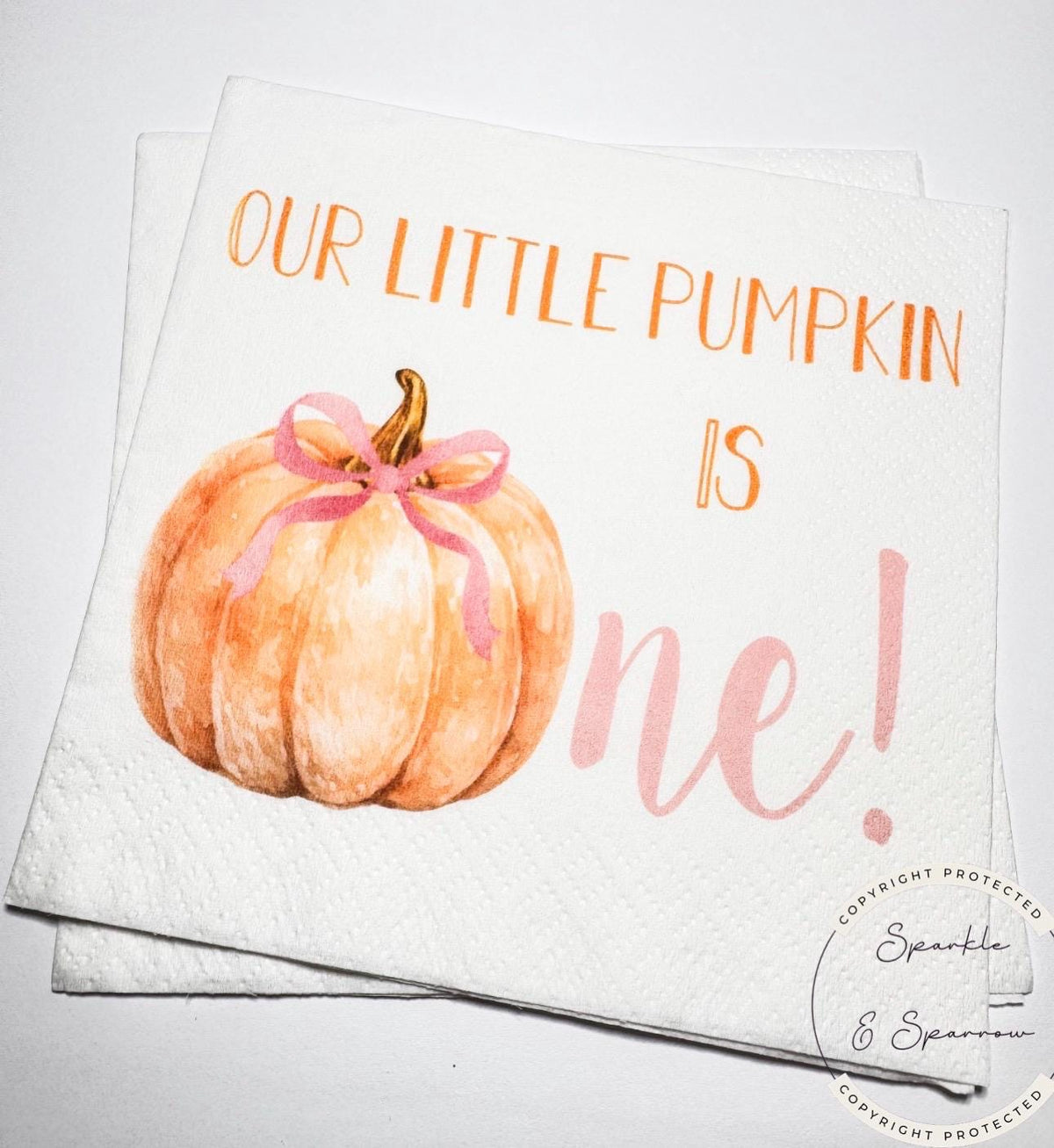 Pumpkin First Birthday Pumpkin Pink Bow Pumpkin One Birthday Pink Bow Pumpkin Girl 1st Bday Cocktail, Luncheon or Dinner Napkins Set of 25