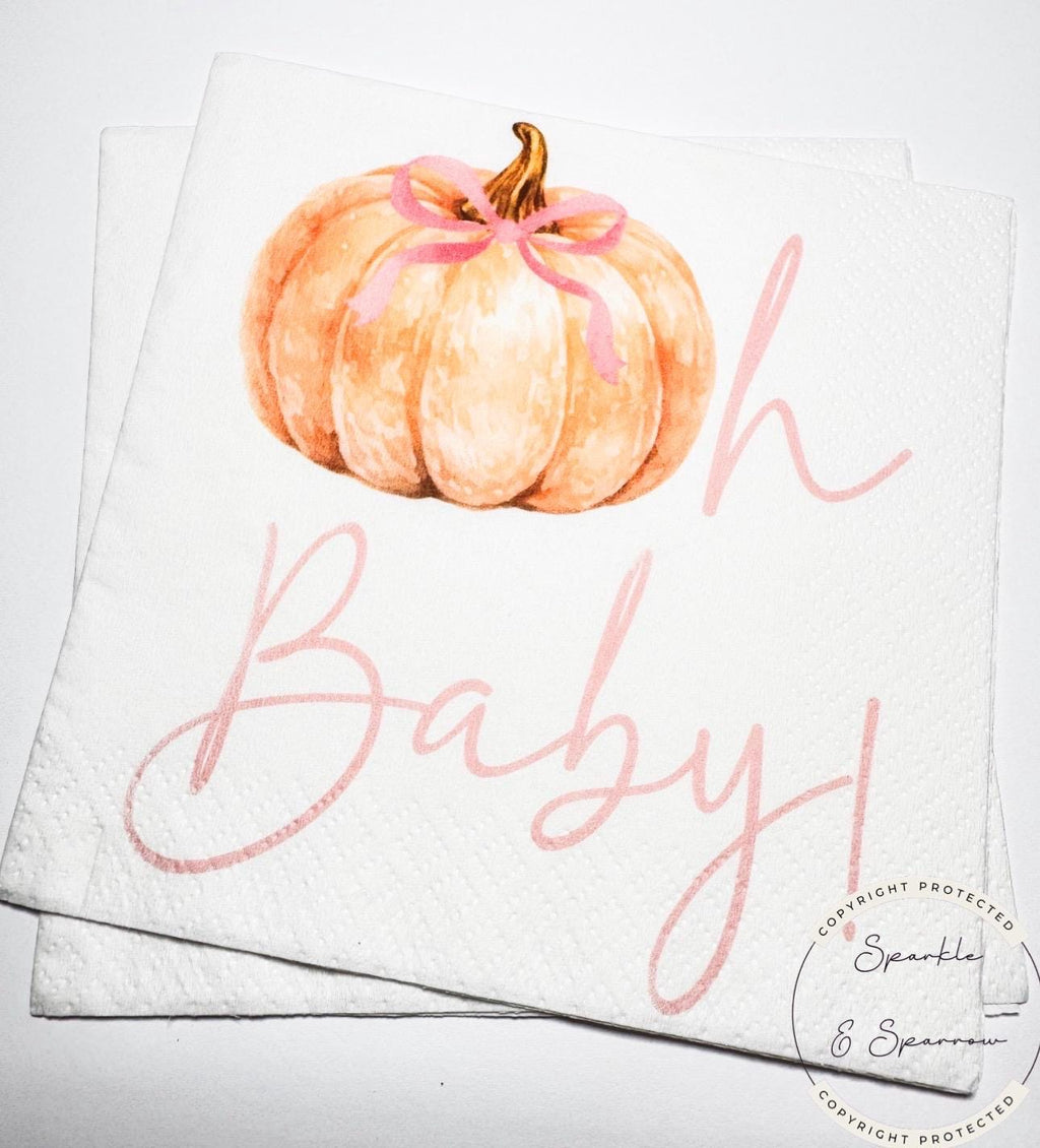 Pumpkin Oh Baby Shower Pink Bow Pumpkin Girl Fall Pink Bow Pink Baby Shower Fall Baby Decor Cocktail, Luncheon or Dinner Napkins Set of 25