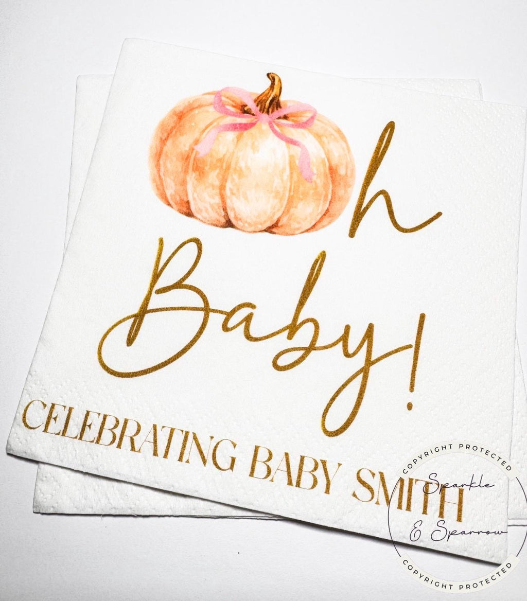 Pumpkin Oh Baby Shower Pink Bow Pumpkin Girl Fall Pink Bow Baby Shower Fall Personalized  Cocktail, Luncheon or Dinner Napkins Set of 25