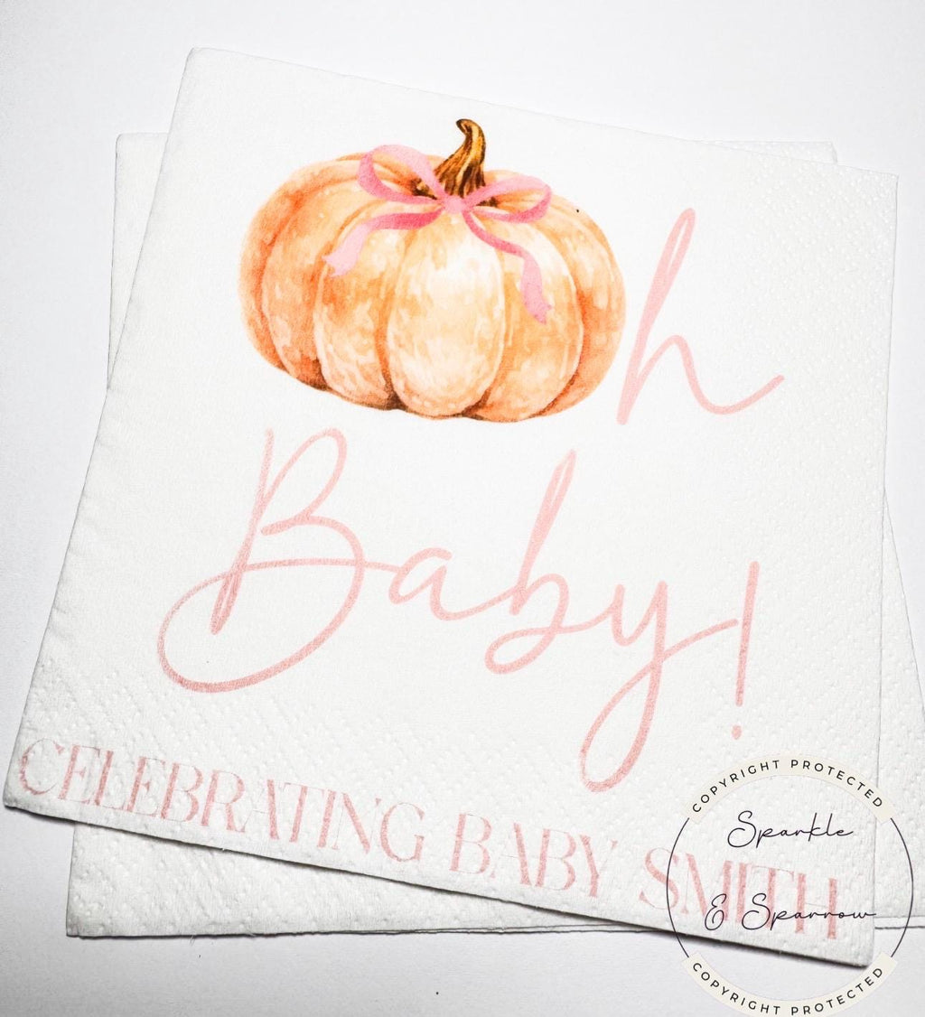 Pumpkin Oh Baby Shower Pink Bow Pumpkin Girl Fall Pink Bow Baby Shower Fall Personalized  Cocktail, Luncheon or Dinner Napkins Set of 25