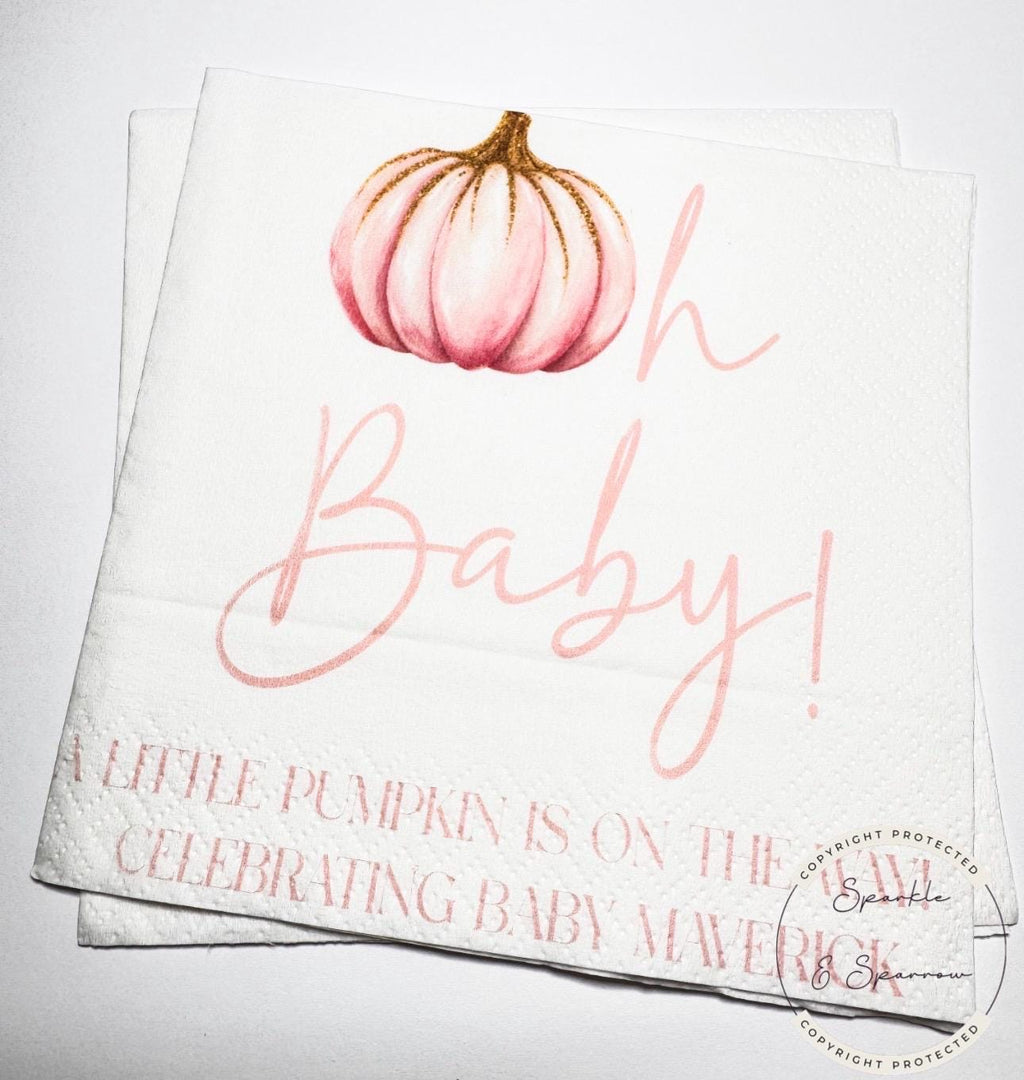 Pumpkin Oh Baby Shower Pink Gold Pumpkin Girl Fall Pink Gold Fall Baby Shower Personalized  Cocktail, Luncheon or Dinner Napkins Set of 25