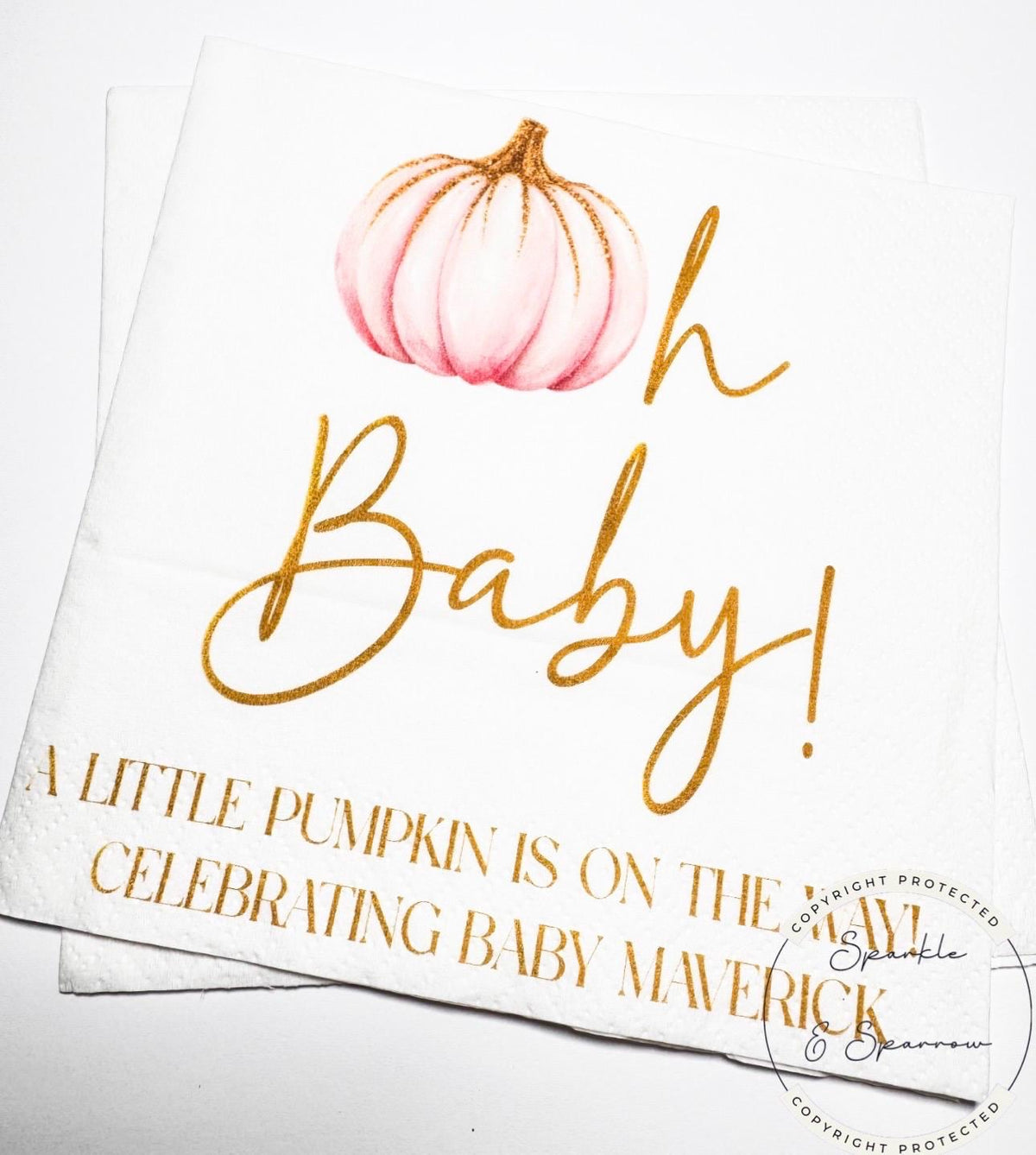 Pumpkin Oh Baby Shower Pink Gold Pumpkin Girl Fall Pink Gold Fall Baby Shower Personalized  Cocktail, Luncheon or Dinner Napkins Set of 25