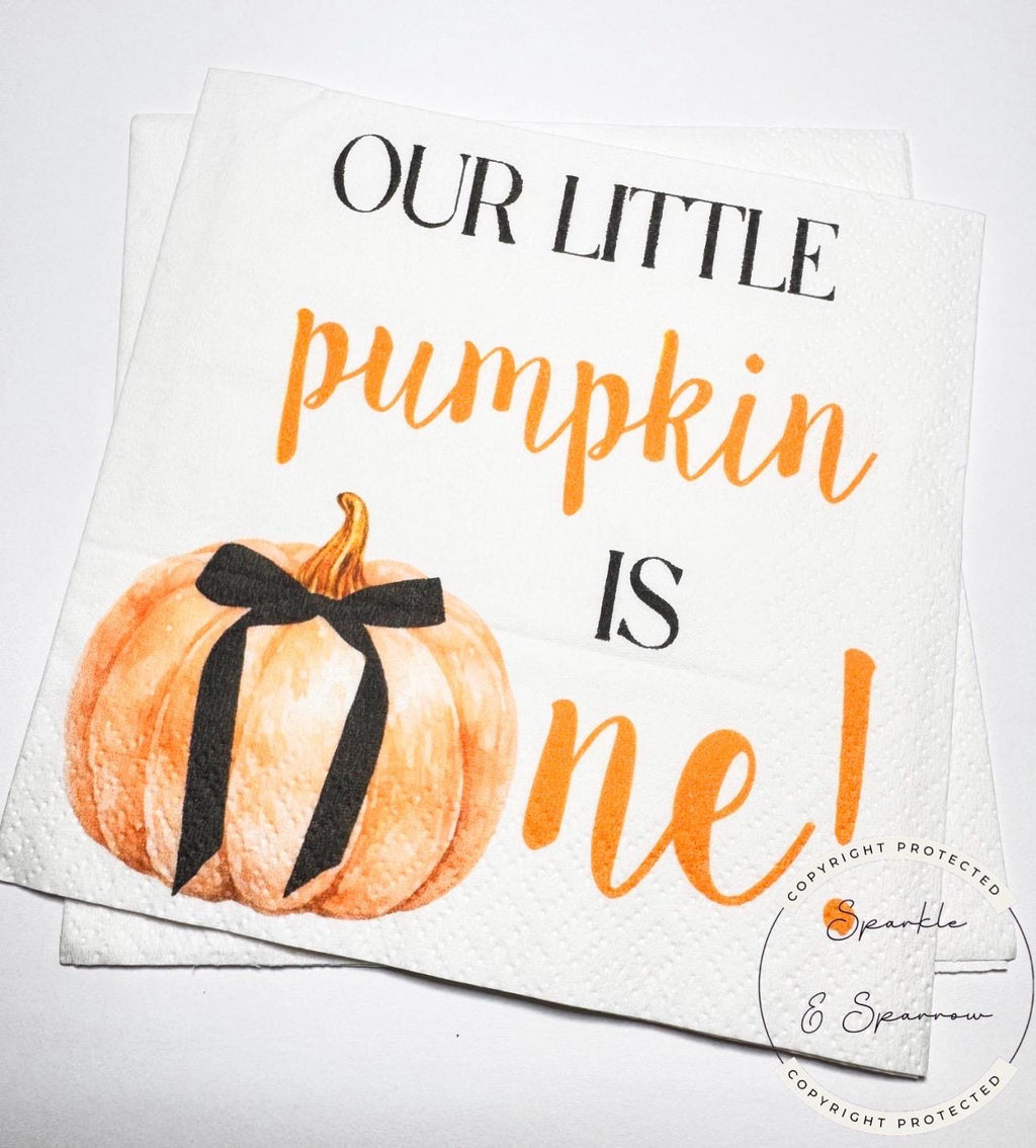 Our Little Pumpkin is One Pumpkin First Birthday Pumpkin Black Bow Pumpkin Halloween Birthday Cocktail, Luncheon or Dinner Napkins Set of 25