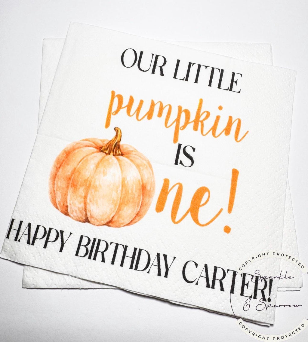 Our Little Pumpkin is One Pumpkin First Birthday Pumpkin Halloween Personalized Birthday Cocktail, Luncheon or Dinner Napkins Set of 25