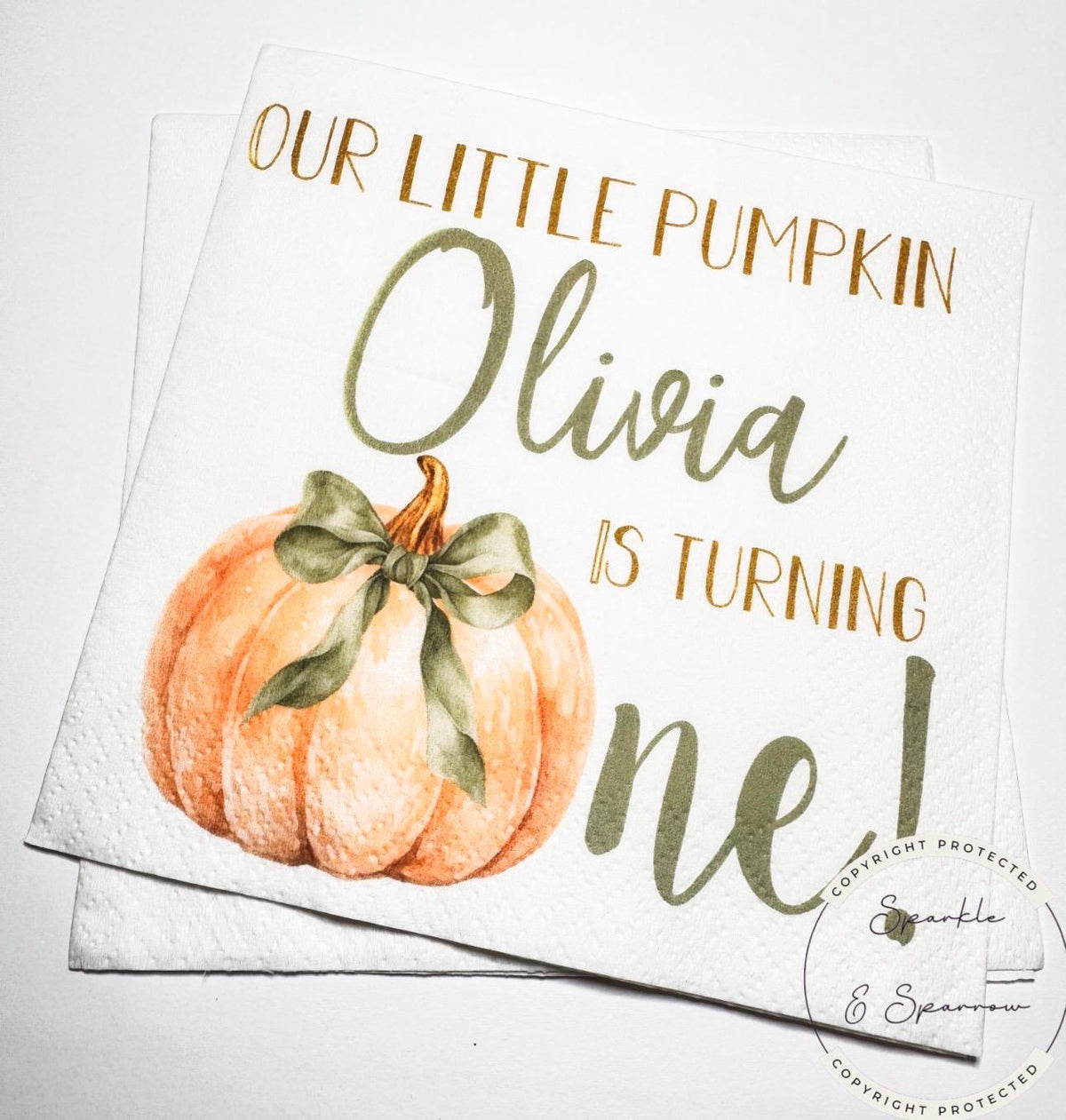 Our Little Pumpkin is One First Birthday Pumpkin Sage Green Bow Pumpkin 1st Bday Gender Neutral Green Personalized Napkins, Set of 25