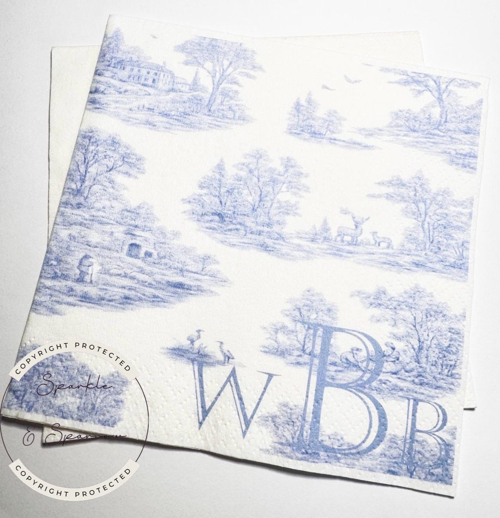 Custom Monogram Napkins Blue Toile Baby Shower Grandmillenial  Baby Shower Chinoiserie Party Decor Blue Pink Baby Shower Napkins, Set of 25