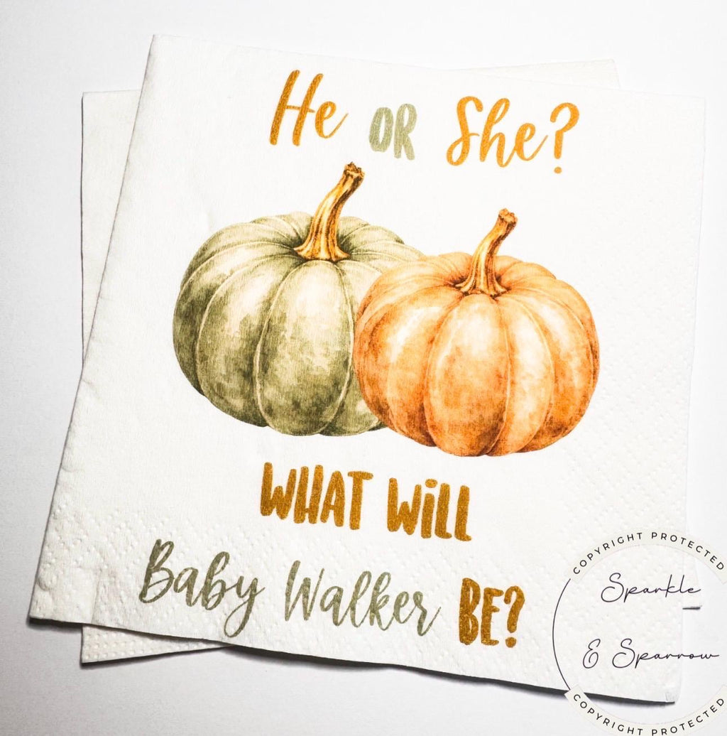 Fall Pumpkin Gender Reveal He or She What Will Little Pumpkin Green Pumpkin Baby Shower Personalized Cocktail or Luncheon Napkins, Set of 25
