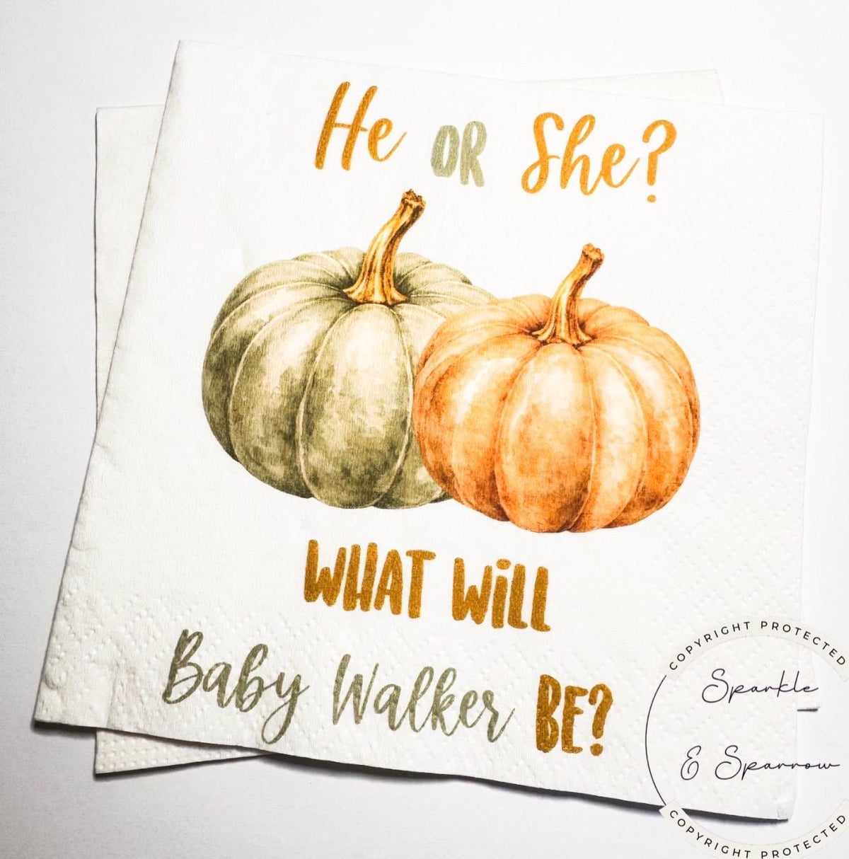 Fall Pumpkin Gender Reveal He or She What Will Little Pumpkin Green Pumpkin Baby Shower Personalized Cocktail or Luncheon Napkins, Set of 25