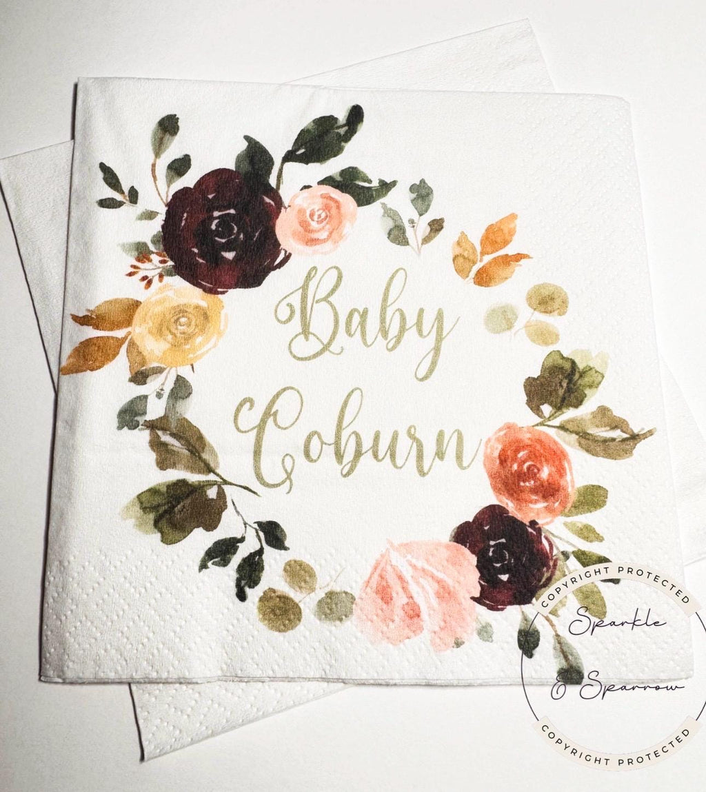 Fall Baby Shower Napkins Autumn Floral Baby Shower Decor Custom Boho Fall in Love Baby Shower Burgundy Floral Personalized Napkins Set of 25