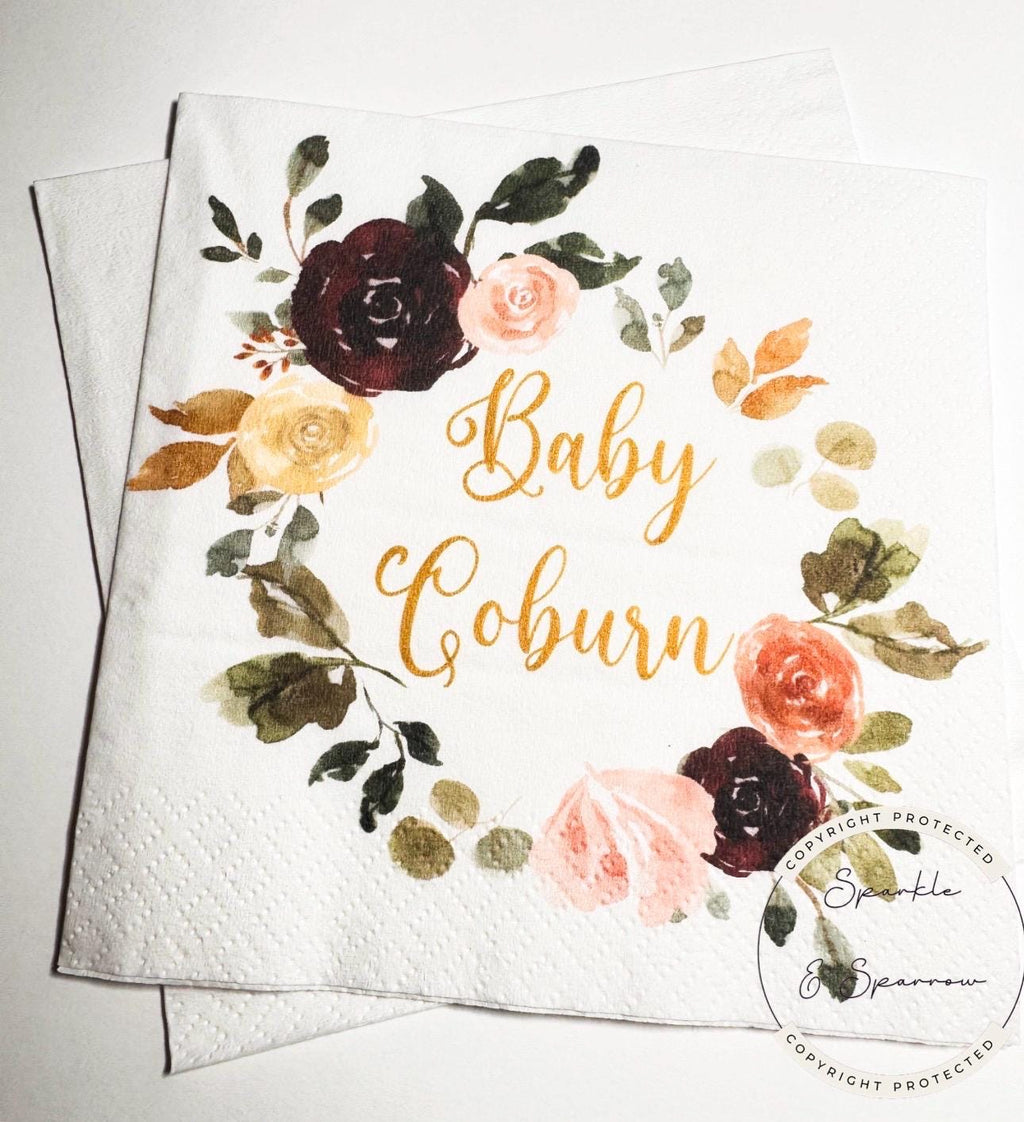 Fall Baby Shower Napkins Autumn Floral Baby Shower Decor Custom Boho Fall in Love Baby Shower Burgundy Floral Personalized Napkins Set of 25