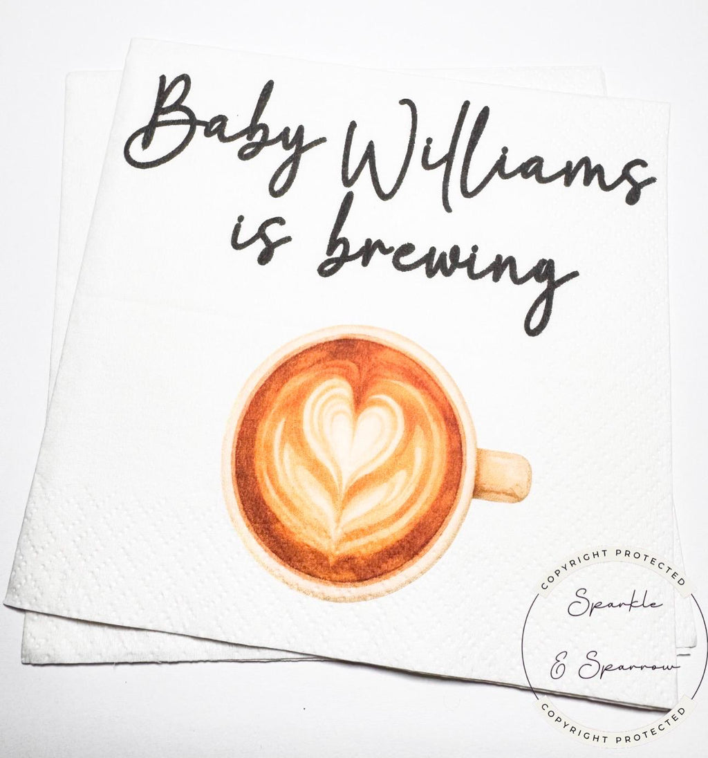 A Baby is Brewing Baby Shower Napkins Coffee Bar Baby Brunch Fall Baby Shower Latte Decor Personalized Cocktail Napkins, Set of 25