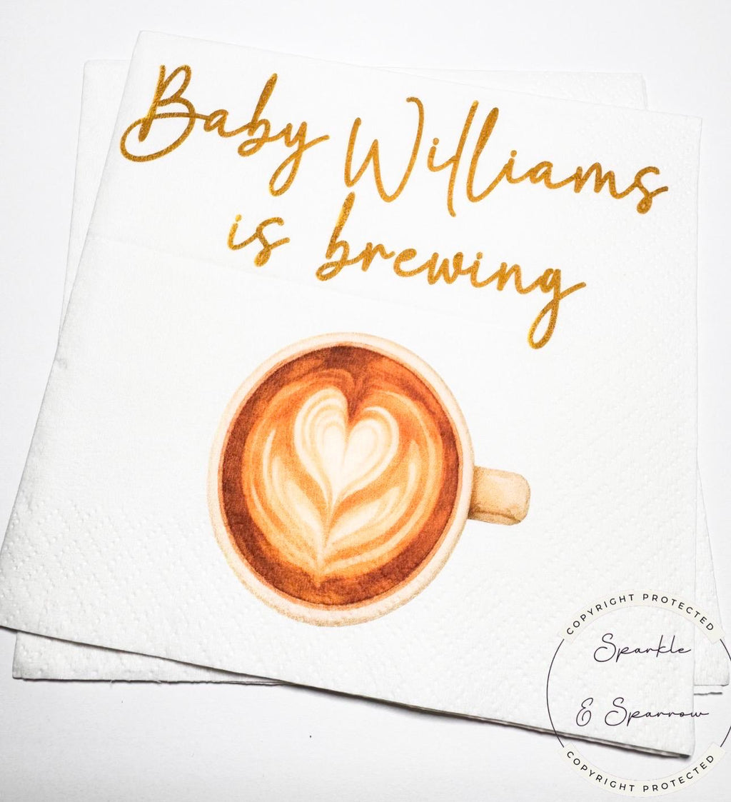 A Baby is Brewing Baby Shower Napkins Coffee Bar Baby Brunch Fall Baby Shower Latte Decor Personalized Cocktail Napkins, Set of 25