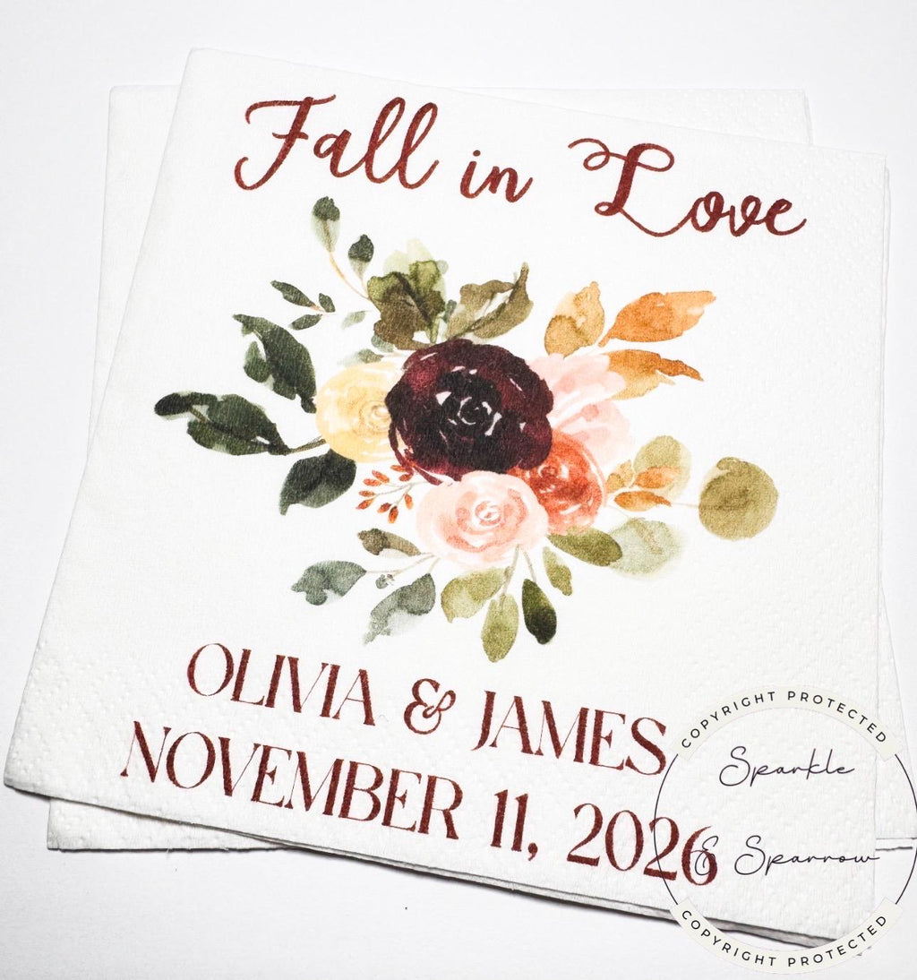 Fall in Love Fall Bridal Shower Fall Wedding Autumn Floral Neutral Fall Bridal Personalized Cocktail, Luncheon or Dinner Napkins Set of 25