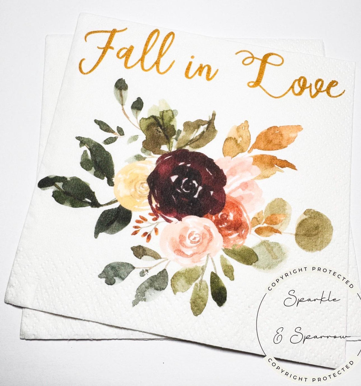 Fall in Love Fall Bridal Shower Fall Wedding Fall Baby Shower Autumn Floral Custom Cocktail, Luncheon or Dinner Napkins Set of 25