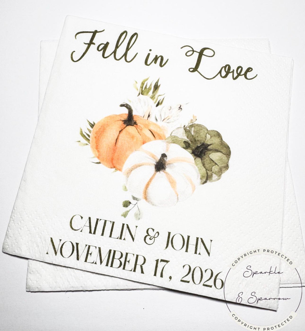 Fall in Love Fall Bridal Shower Fall Wedding Autumn Floral Neutral Fall Bridal Personalized Cocktail, Luncheon or Dinner Napkins Set of 25