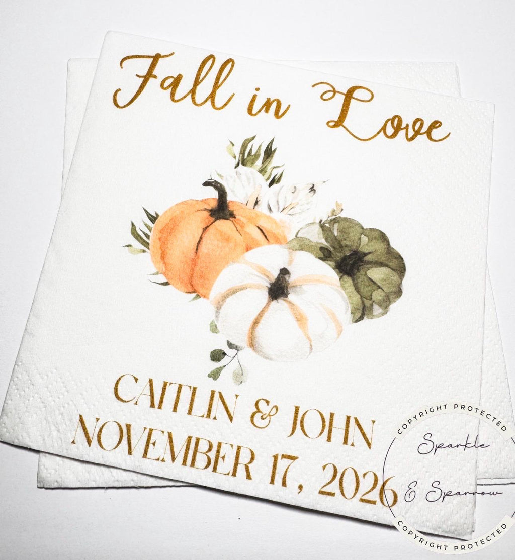 Fall in Love Fall Bridal Shower Fall Wedding Autumn Floral Neutral Fall Bridal Personalized Cocktail, Luncheon or Dinner Napkins Set of 25