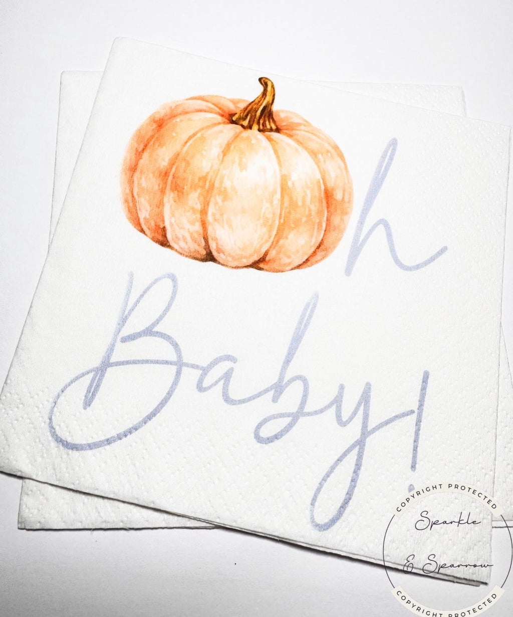 Pumpkin Oh Baby Shower Fall Pumpkin Baby Shower Orange Blue Boy Baby Shower Pumpkin Oh Baby Cocktail, Luncheon or Dinner Napkins Set of 25