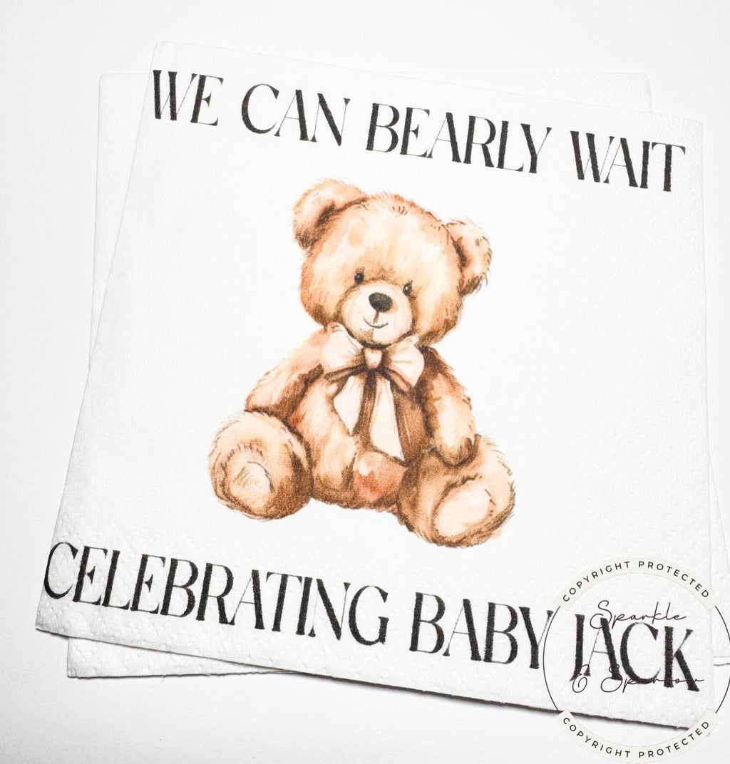 Teddy Bear Baby Shower We can Bearly Wait Brown Bow Shower Fall Baby Shower Personalized Cocktail, Luncheon or Dinner Napkins Set of 25