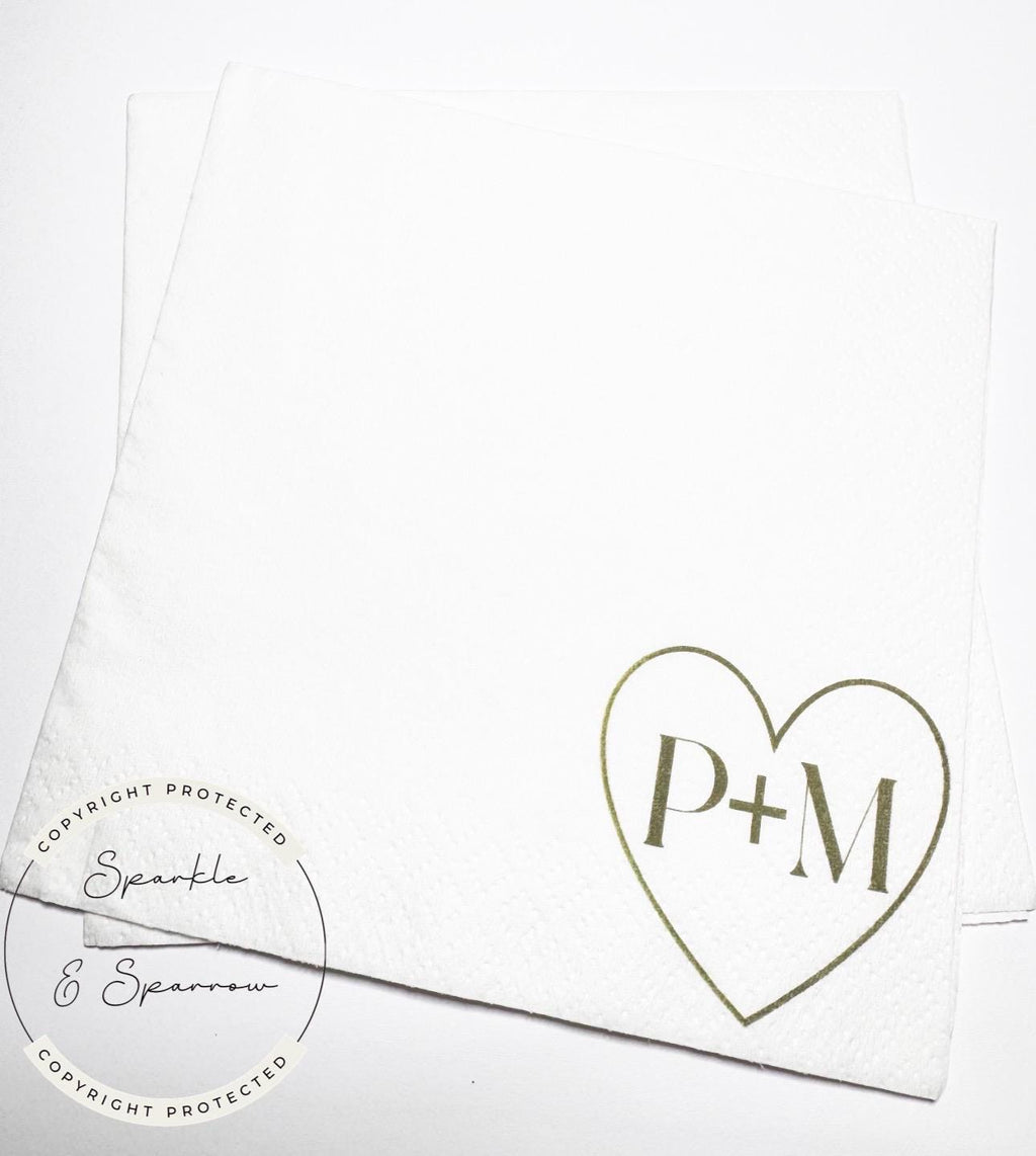 Heart Initials Wedding Napkin Bridal Shower Sage Bridal Shower Green Wedding Personalized Cocktail, Luncheon or Dinner Napkins Set of 25