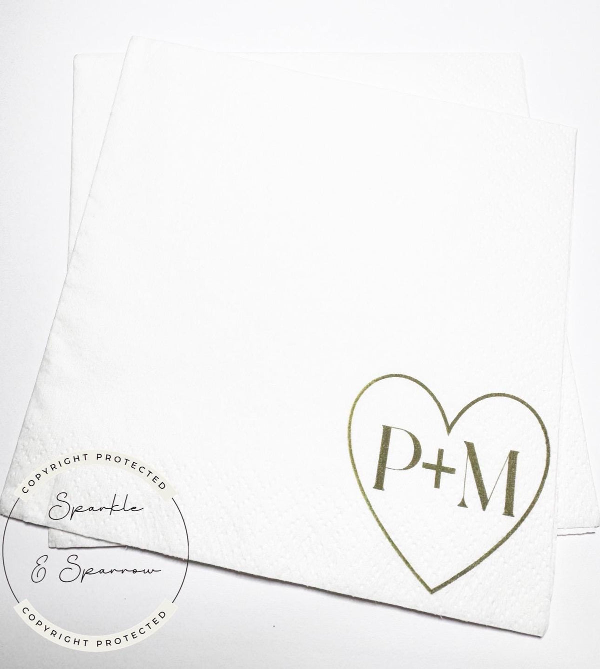 Heart Initials Wedding Napkin Bridal Shower Sage Bridal Shower Green Wedding Personalized Cocktail, Luncheon or Dinner Napkins Set of 25