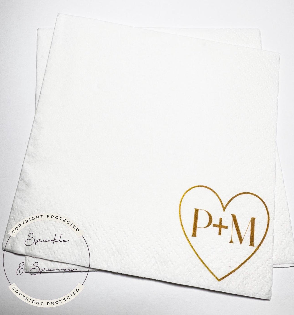 Heart Initials Wedding Napkin Bridal Shower Gold Bridal Shower Gold Wedding Personalized Cocktail, Luncheon or Dinner Napkins Set of 25