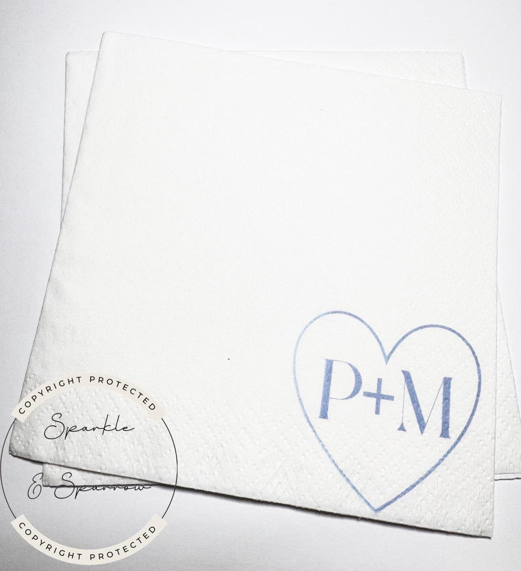 Heart Initials Wedding Napkin Bridal Shower Blue Bridal Shower Blue Wedding Personalized Cocktail, Luncheon or Dinner Napkins Set of 25