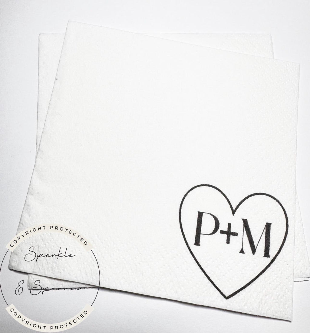 Personalized Wedding Napkins Custom Initial Napkins Black Heart Engagement Party Napkins Couple Monogram Bridal Shower Napkins Set of 25