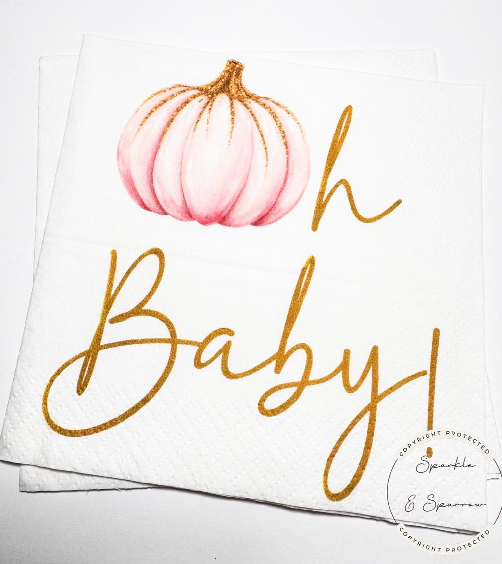 Pumpkin Baby Shower Napkins Oh Baby Pumpkin Fall Baby Shower Decor Pink Pumpkin Girl Baby Shower Little Pumpkin Shower Napkins, Set of 25