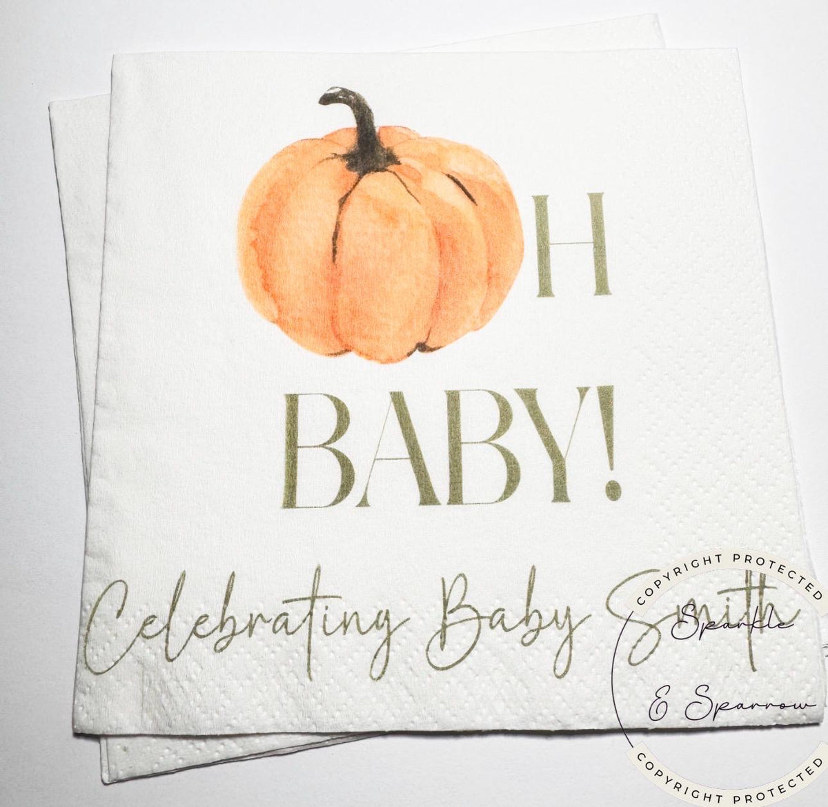 Oh Baby Pumpkin Napkins Fall Baby Shower Napkins Gender Neutral Sage Pumpkin Baby Shower Fall Baby Shower Personalized Napkins, Set of 25