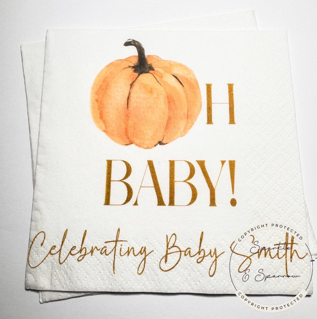 Oh Baby Pumpkin Napkins Fall Baby Shower Napkins Gender Neutral Pumpkin Baby Shower Fall Baby Shower Personalized Napkins, Set of 25