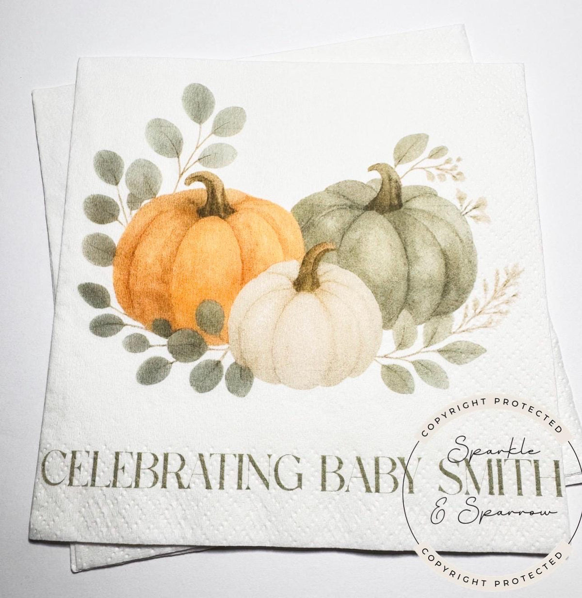 Oh Baby Pumpkin Napkins Fall Baby Shower Napkins Gender Neutral Sage Pumpkin Baby Shower Fall Baby Shower Personalized Napkins, Set of 25