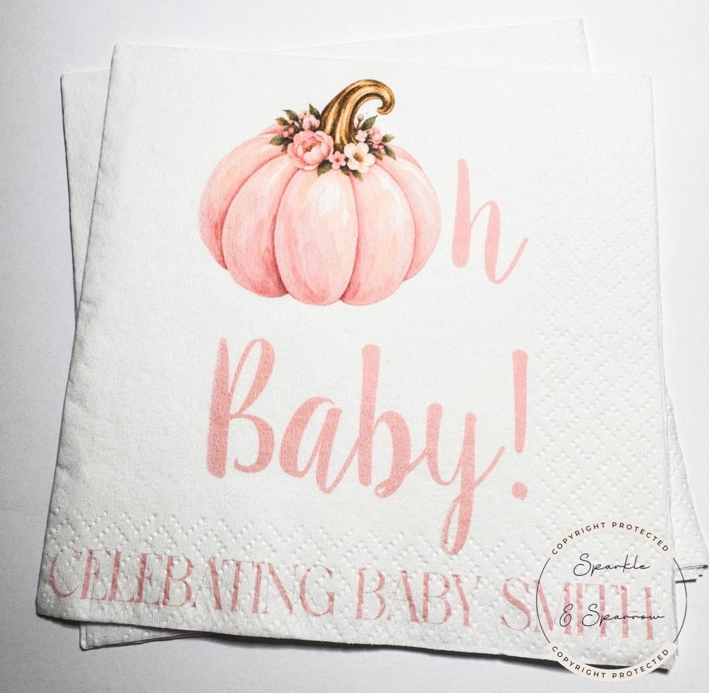Pumpkin Oh Baby Shower Pink Pumpkin Floral Girl Fall Pink Gold Fall Baby Shower Personalized  Cocktail, Luncheon or Dinner Napkins Set of 25