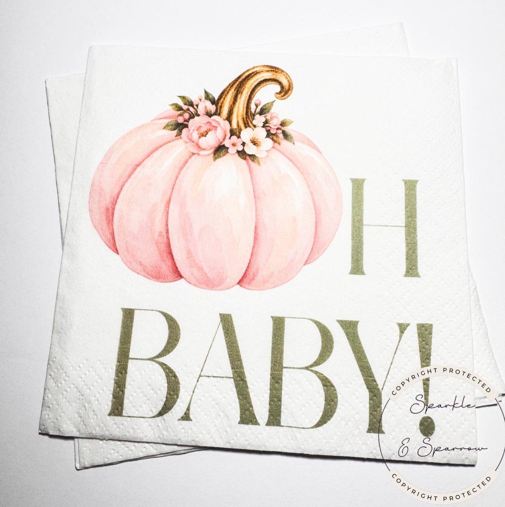 Pumpkin Oh Baby Shower Pumpkin Autumn Floral Baby Pink Sage Fall Pumpkin Girl Baby Shower Cocktail, Luncheon or Dinner Napkins Set of 25