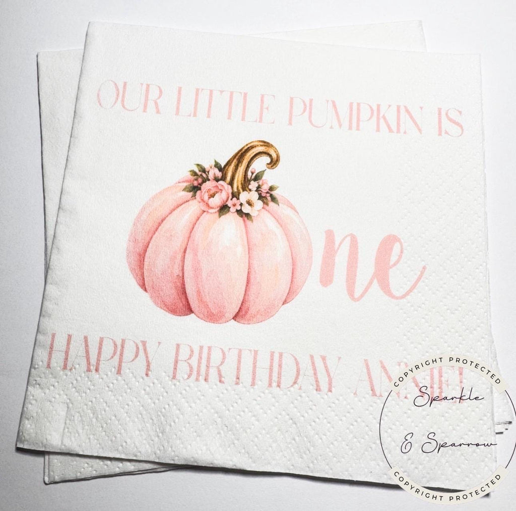 Our Little Pumpkin is One Pink Pumpkin Napkins First Birthday Pink Pumpkin 1st Bday Fall Birthday Personalized Napkins, Set of 25