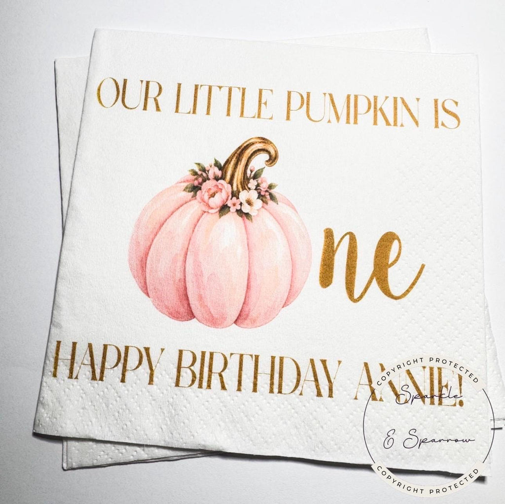 Our Little Pumpkin is One Pink Pumpkin Napkins First Birthday Pink Pumpkin 1st Bday Fall Birthday Personalized Napkins, Set of 25