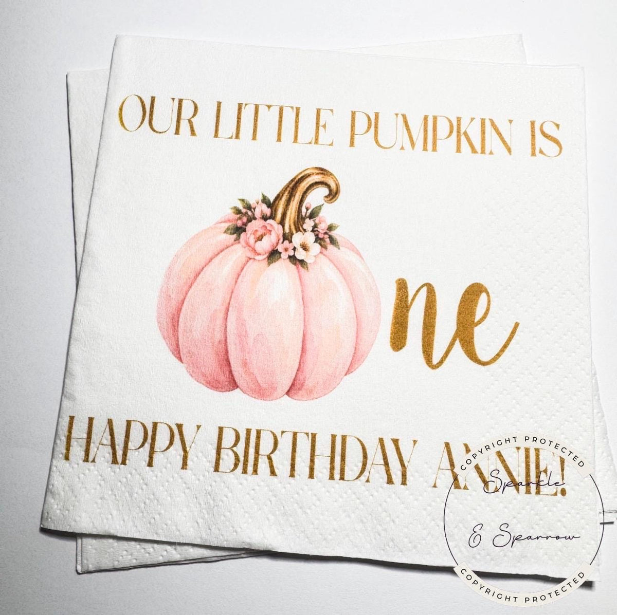 Our Little Pumpkin is One Pink Pumpkin Napkins First Birthday Pink Pumpkin 1st Bday Fall Birthday Personalized Napkins, Set of 25