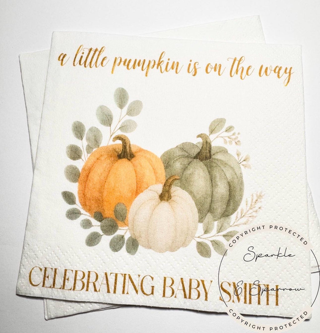 A Little Pumpkin on the Way Baby Shower Napkins Fall Baby Shower Napkins Gender Neutral Pumpkin Baby Shower Personalized Napkins, Set of 25