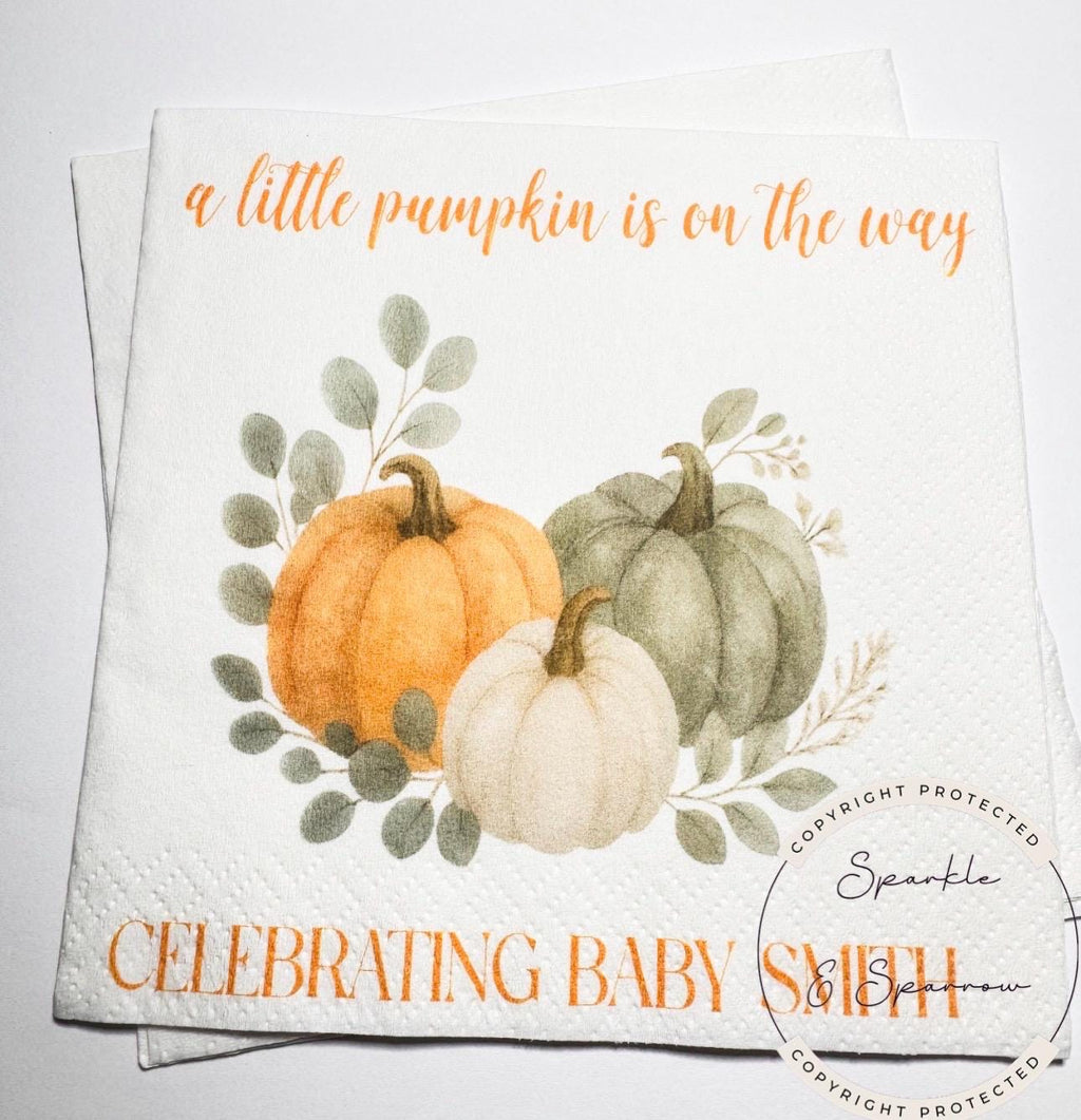 A Little Pumpkin on the Way Baby Shower Napkins Fall Baby Shower Napkins Gender Neutral Pumpkin Baby Shower Personalized Napkins, Set of 25
