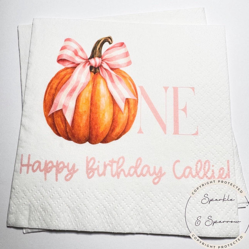 Pumpkin First Birthday Pumpkin Pink Bow Pumpkin One Birthday Pink Bow Pumpkin Personalized Cocktail, Luncheon or Dinner Napkins Set of 25