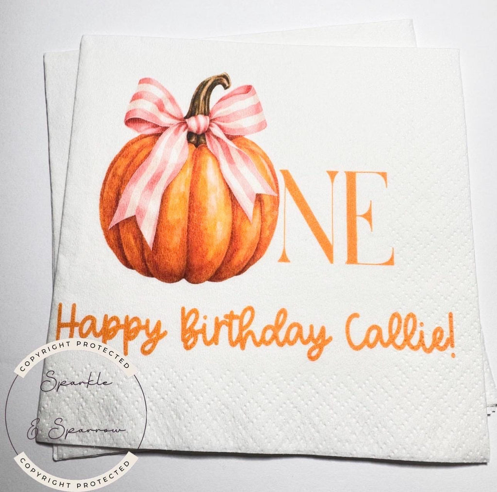 Pumpkin First Birthday Pumpkin Pink Bow Pumpkin One Birthday Pink Bow Pumpkin Personalized Cocktail, Luncheon or Dinner Napkins Set of 25