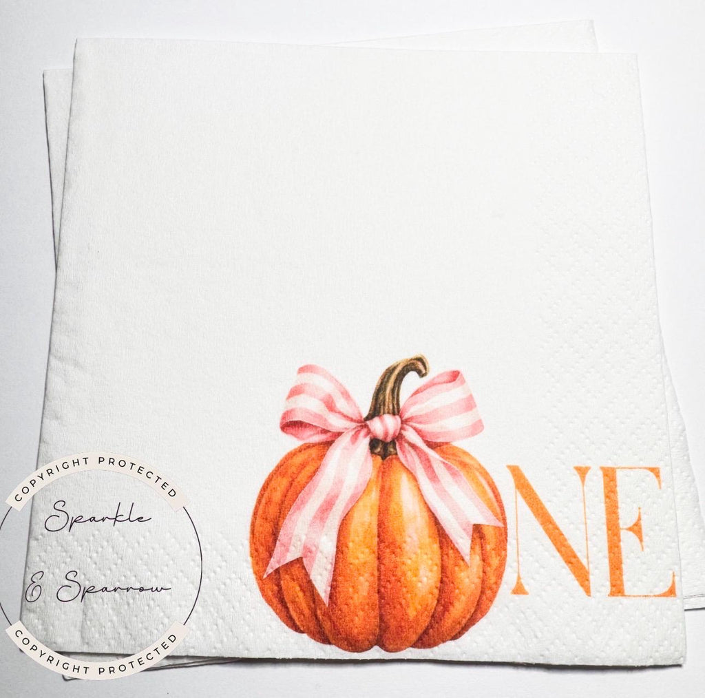 Pumpkin First Birthday Pumpkin Pink Bow Pumpkin One Birthday Pink Bow Pumpkin Girl 1st Bday Cocktail, Luncheon or Dinner Napkins Set of 25