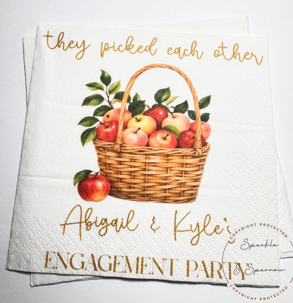 They Picked Each Other Apple Engagement Party Napkins Fall Apple Engagement Personalized Cocktail, Luncheon or Dinner Napkins Set of 25