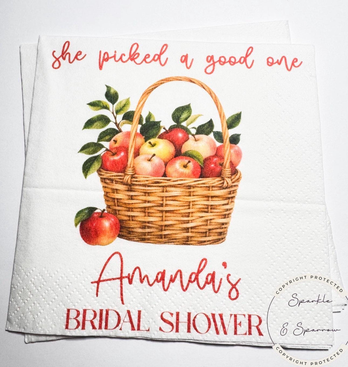 She Picked a Good One Apple Bridal Shower Napkins Fall Apple Bridal Shower Personalized Cocktail, Luncheon or Dinner Napkins Set of 25