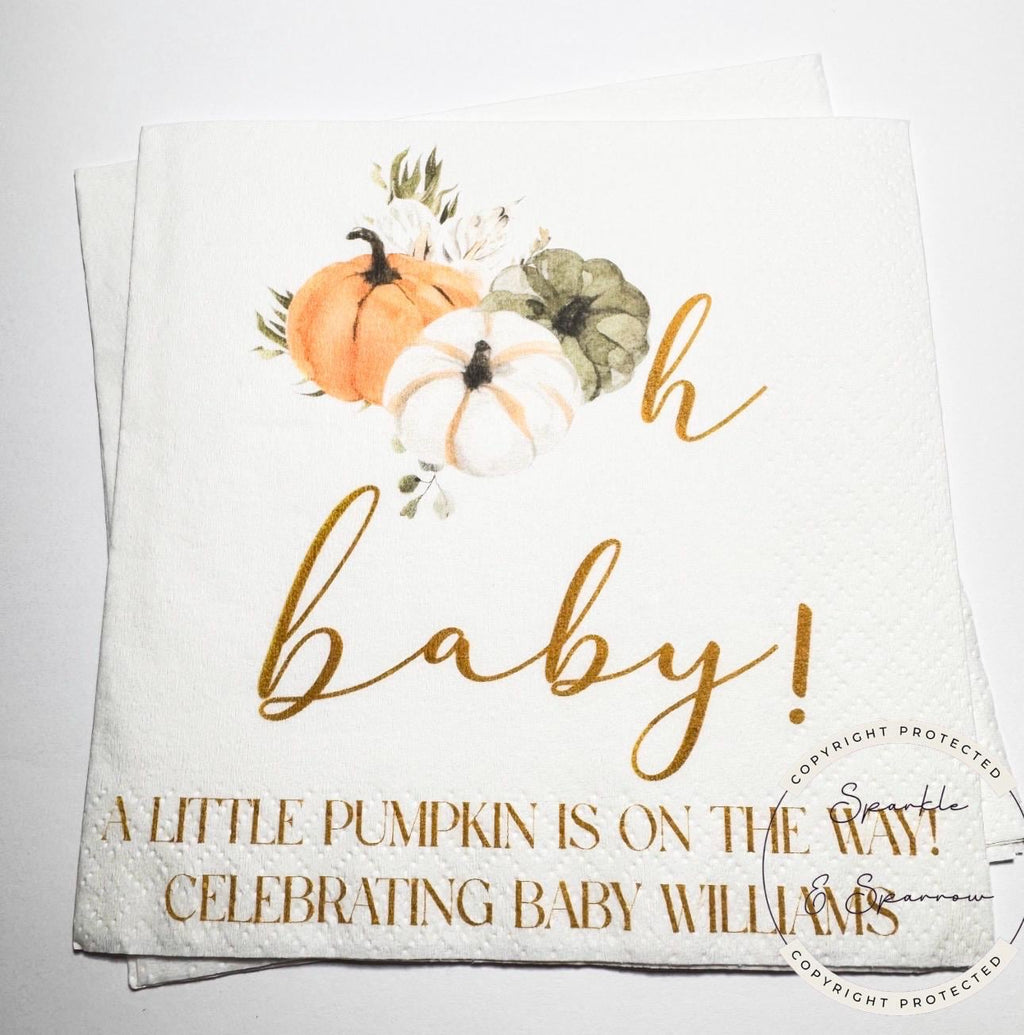Pumpkin Oh Baby Shower Fall Pumpkin Baby Shower Gender Neutral Pumpkin Oh Baby Personalized Cocktail, Luncheon or Dinner Napkins Set of 25