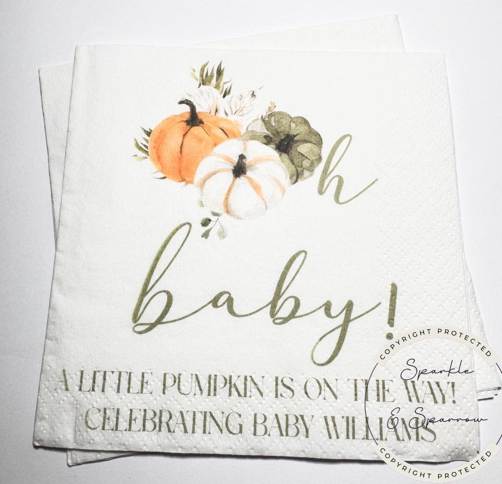 Pumpkin Oh Baby Shower Fall Pumpkin Baby Shower Gender Neutral Pumpkin Oh Baby Personalized Cocktail, Luncheon or Dinner Napkins Set of 25