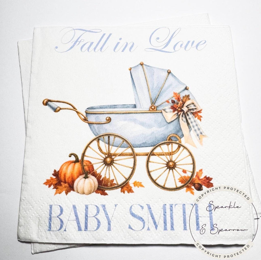 Fall in Love With Baby Fall Baby Shower Blue Baby Carriage Boy Fall in Love Baby Shower Pumpkin Baby Shower Personalized Napkins, Set of 25