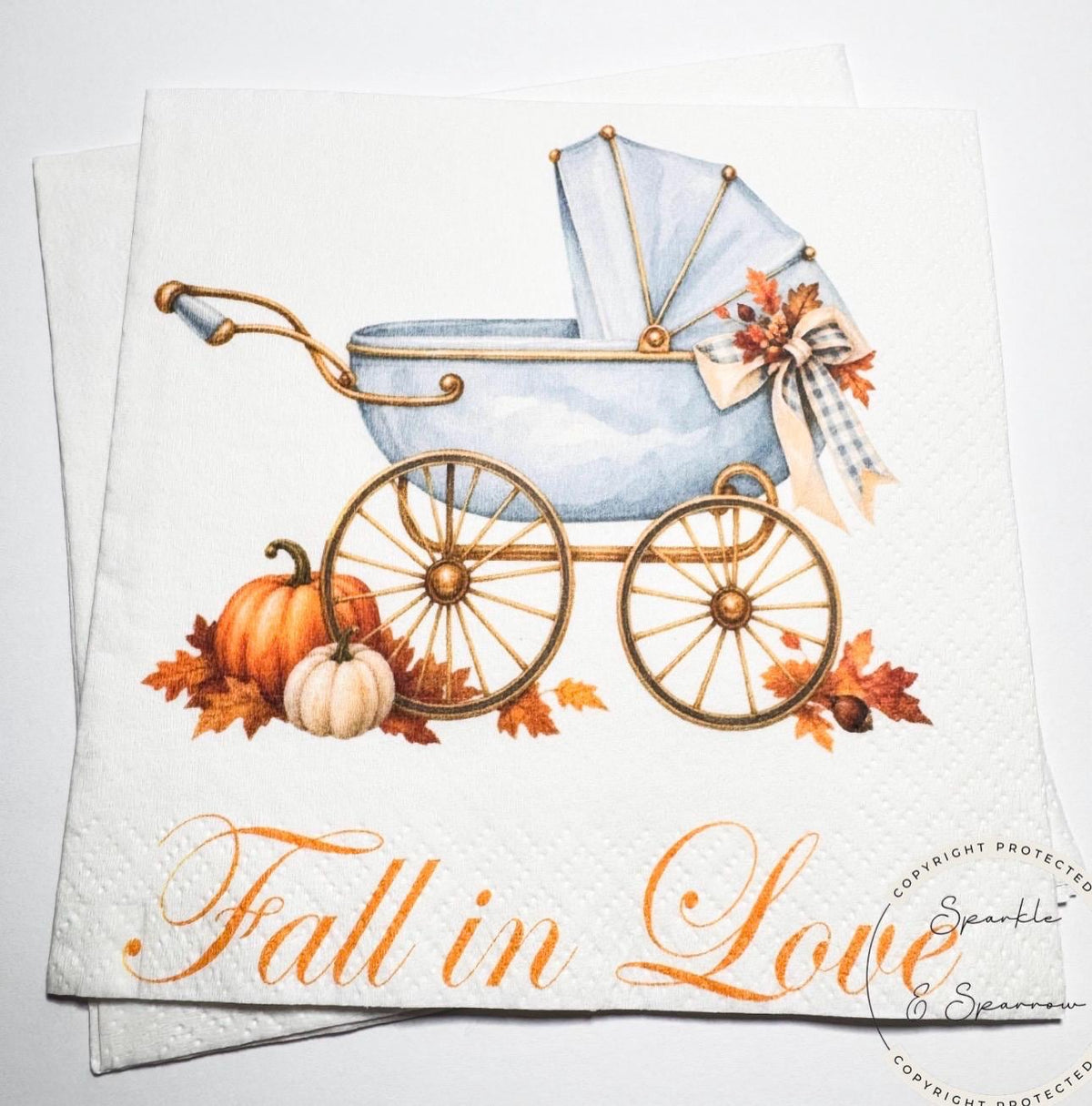 Fall in Love With Baby Fall Baby Shower Blue Baby Carriage Boy Fall in Love Baby Shower Pumpkin Baby Shower Blue Bow Napkins, Set of 25