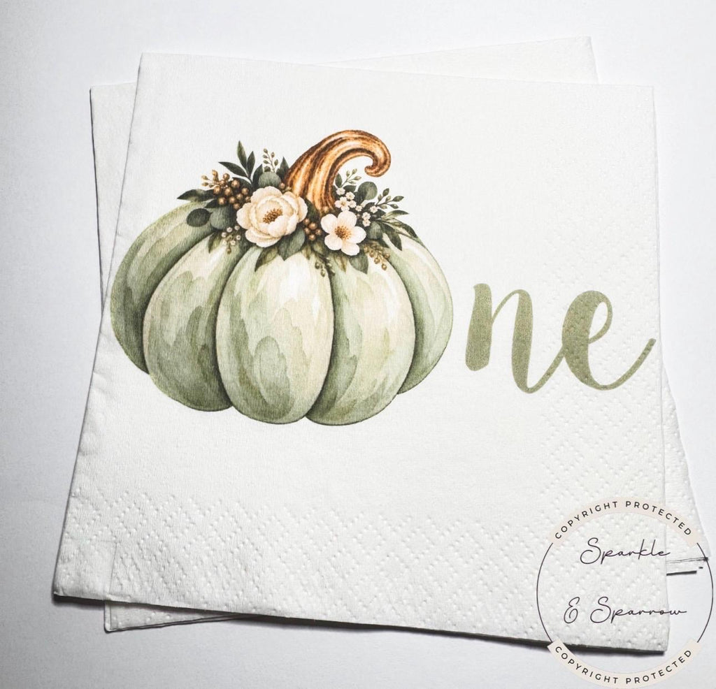 Green Pumpkin First Birthday Napkins Neutral Fall Birthday Party Decor Pumpkin 1st Birthday Sage Pumpkin One Birthday Napkins, Set of 25