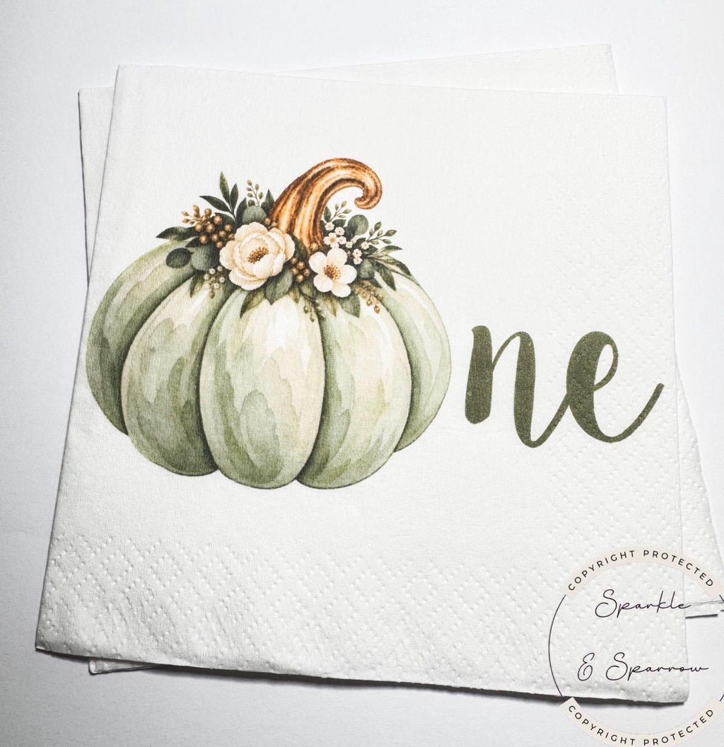 Green Pumpkin First Birthday Napkins Neutral Fall Birthday Party Decor Pumpkin 1st Birthday Sage Pumpkin One Birthday Napkins, Set of 25